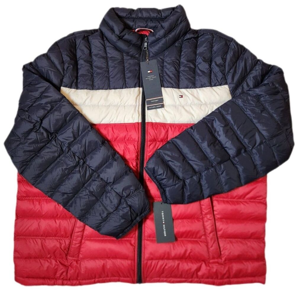 Tommy Hilfiger Packable Natural Down Jacket Men’s XXL 2XL Navy White Red